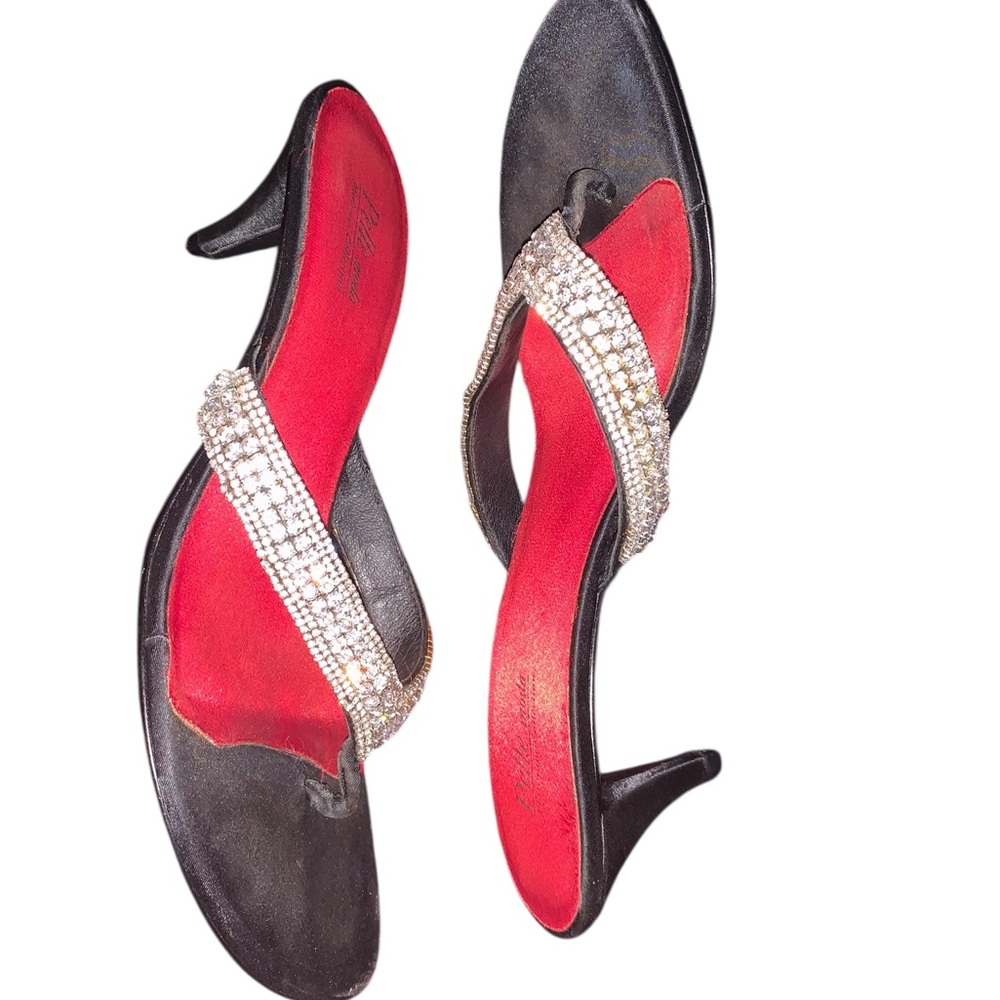 Elegant pelle Moda Red Black Sandals Rhinestone Straps kitten heels